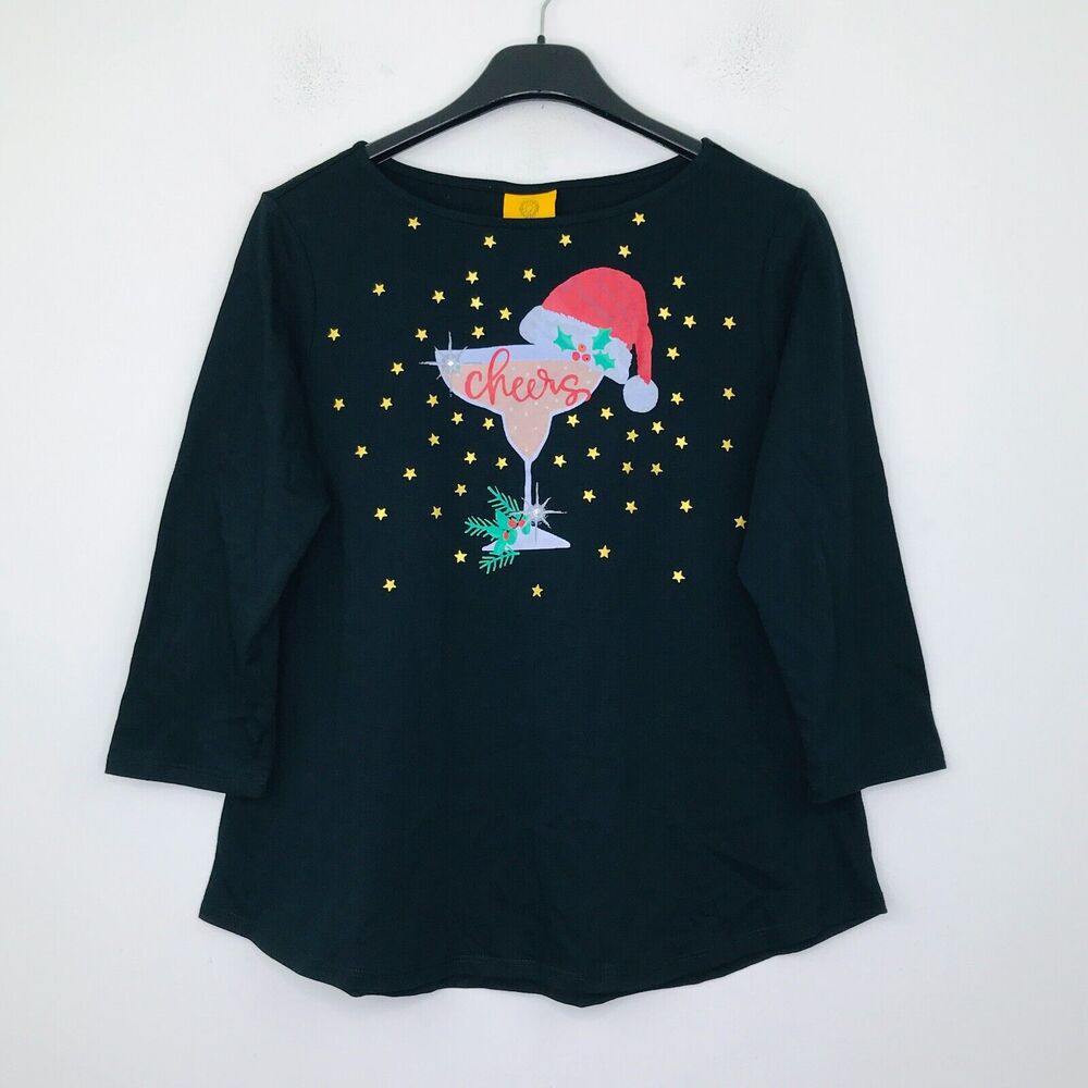 Ruby Rd Women's PL T-Shirt Black Christmas Cheers Graphic 3/4 Sleeve Tee NWT